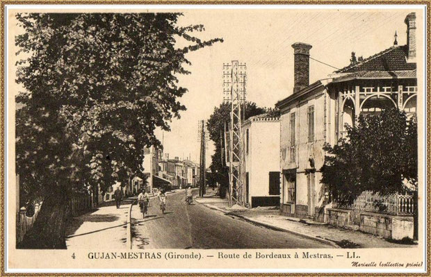 Gujan-Mestras autrefois : Cours de la République (à l'époque, Route de Bordeaux), Bassin d'Arcachon (carte postale, collection privée)