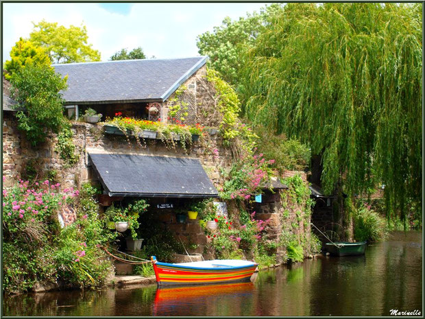  Ancien lavoir fleuri et son canot multicolore avec reflets, en bordure du Trieux, Pontrieux, Côte d'Armor (22) 