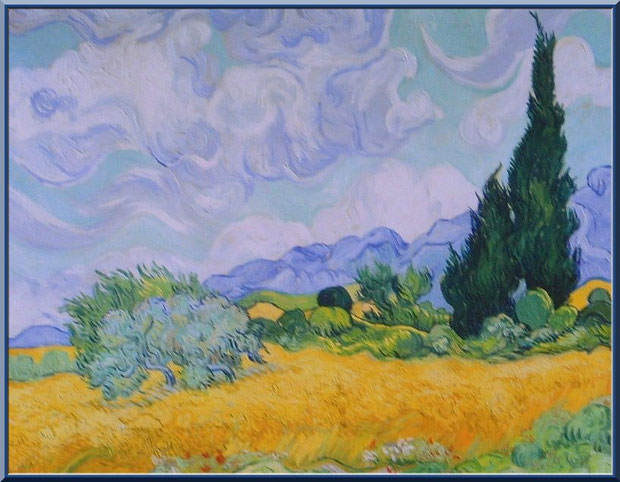 Tableau "Champ de blé avec cyprès" (1889) de Van Gogh dans le jardin du monastère de Saint Paul de Mausole à Saint Rémy de Provence (Alpilles - 13)