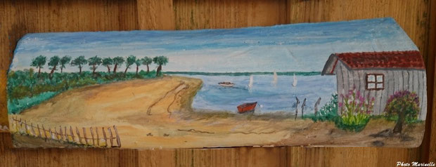L'Atelier à JLA - "Cabane en bord de mer" - Peinture sur tuile ostréicole (Bassin d'Arcachon)