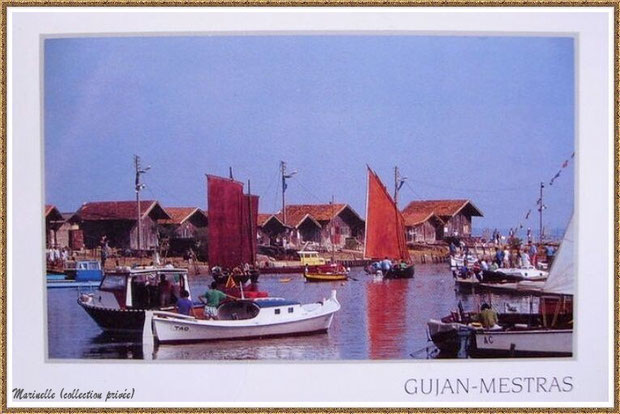 Gujan-Mestras autrefois : Pinasses, canots, pinasses à voile... dans la darse principale du Port de Larros, Bassin d'Arcachon (carte postale, collection privée)