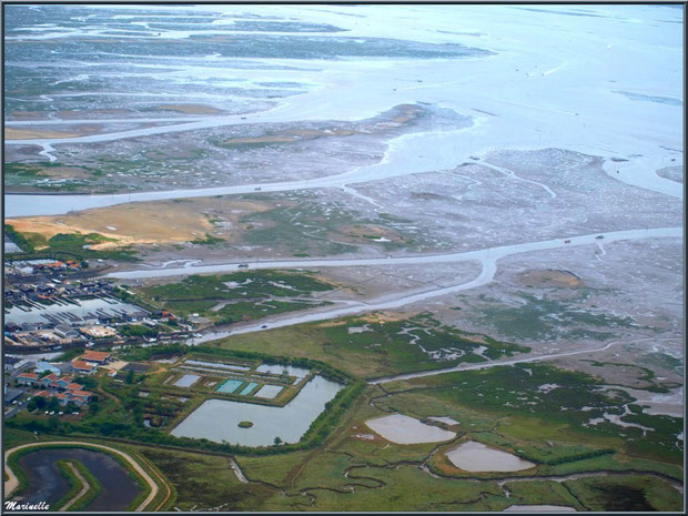 Gujan Mestras à marée montante avec ses prés salés, ses réservoirs, les ports de La Barbotière et du Canal, Bassin d'Arcachon vu du ciel (33) 