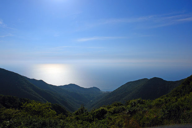 弥彦山から日本海を望む。　遠く佐渡ヶ島の影も見える。