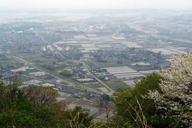 白鳥山山頂からの風景。胎内平野の向こうに日本海が