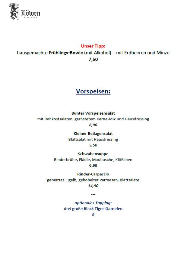 a la carte Restaurant Villingen Gasthaus Löwen Tschortsches Room Abendkarte Essen gehen Innenstadt Vorspeisen