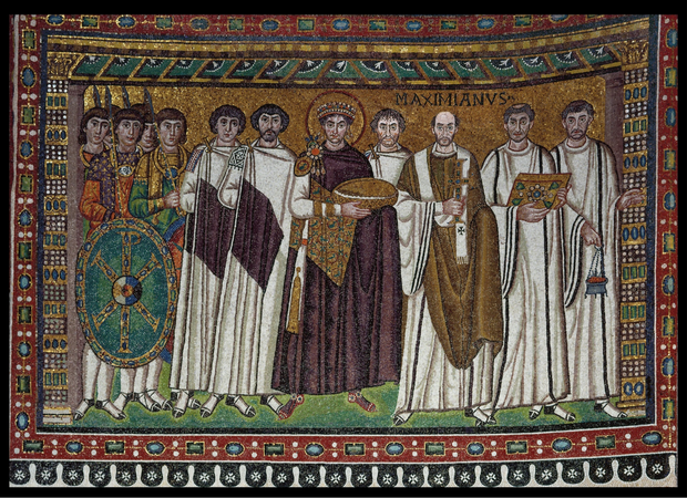 Kaiser Justinian mit seinen engsten Beratern - San Vitale Ravenna - 6. Jahrhundert
