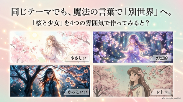 テーマを決めたら、次に雰囲気を考えます。  同じ「桜と少女」でも、雰囲気によって作品は大きく変わります。