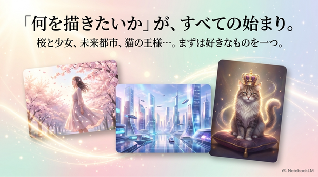 AIアート制作初心者は、  自分が好きなものや見ていて楽しいものを選ぶと続けやすくなります。