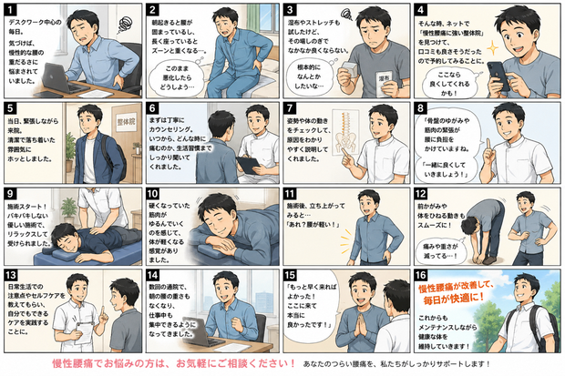 慢性腰痛に悩む男性がカウンセリングと施術を受け、改善してゆく流れを紹介した漫画｜八王子の腰痛専門整体院フィジカルスタジオ246