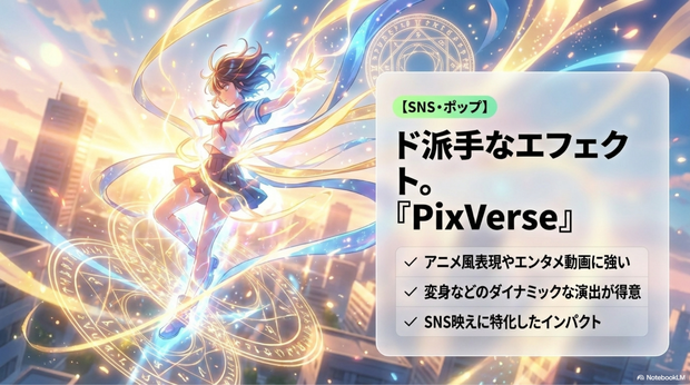 PixVerse AI｜アニメ・エフェクト系が強い  エンタメ動画向け   PixVerse AIは、 演出が派手です。