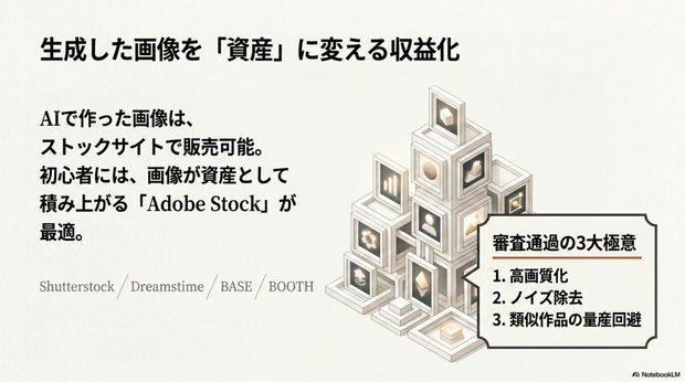 AI画像販売とは、  生成した画像をストックサイトやショップで販売する方法です。