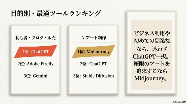 初心者 1位 ChatGPT  2位 Adobe Firefly  3位 Gemini