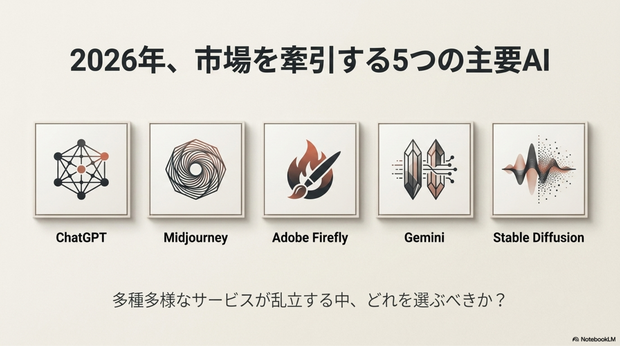2026年現在、  画像生成AIは急速に進化しています。    Midjourney、Adobe Firefly、Stable Diffusion、Geminiなど  様々なサービスがありますが、  初心者から副業利用まで総合的に考えると  ChatGPTの画像生成機能が最もコストパフォーマンスに優れています。