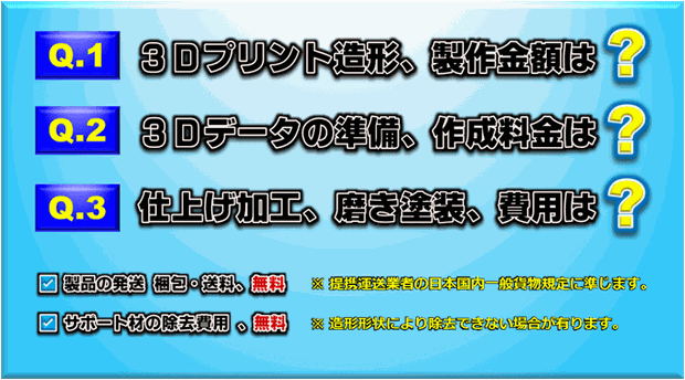 【価格、見積り】3Dデータ作成費用／3Dプリント費用／後加工費用