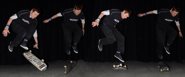 One-eighty-Fingerflip, Railflip, Kickflip, 360°-Shove-It. Guenter Mokulys.