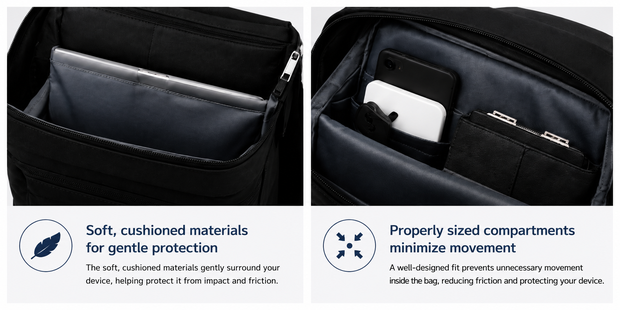 ETUBY's cushioned and properly sized storage compartments help minimize device movement, reduce friction, and protect laptops and accessories during transport