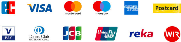 EC, Mastercard, Postcard, Visa, American Express, WIR, reka, vpay, dinersclub, jcb, unionpay