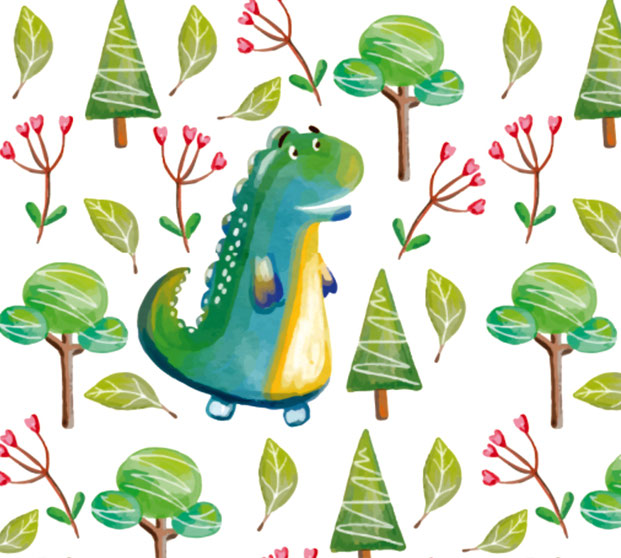 nachhaltige ECO Kinderbordüre mit niedlichen Dino im Wald, nach  Aquarellart - gedruckt per Digitaldruck in Familiendruckerei im Thüringer Wald
