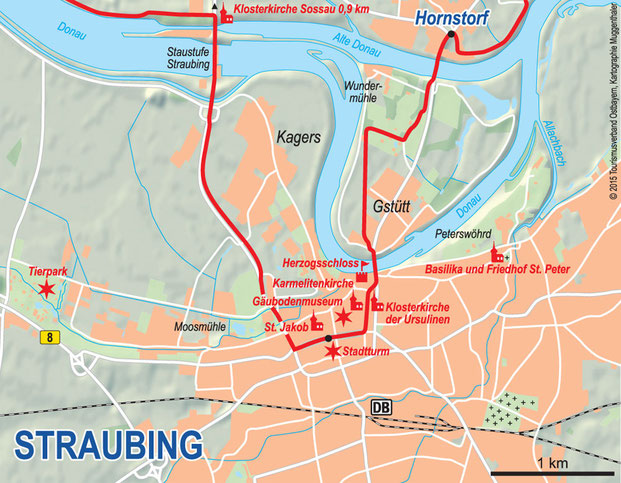 Stadtplan Straubing mit Wegeverlauf Donau-Panoramaweg