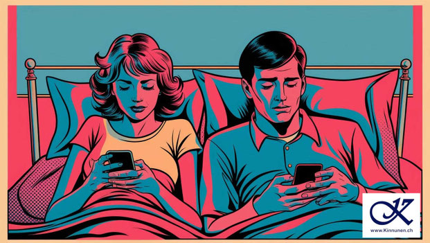 Ein Ehepaar liegt nebeneinander am Bett. Beide schauen auf das Handy.