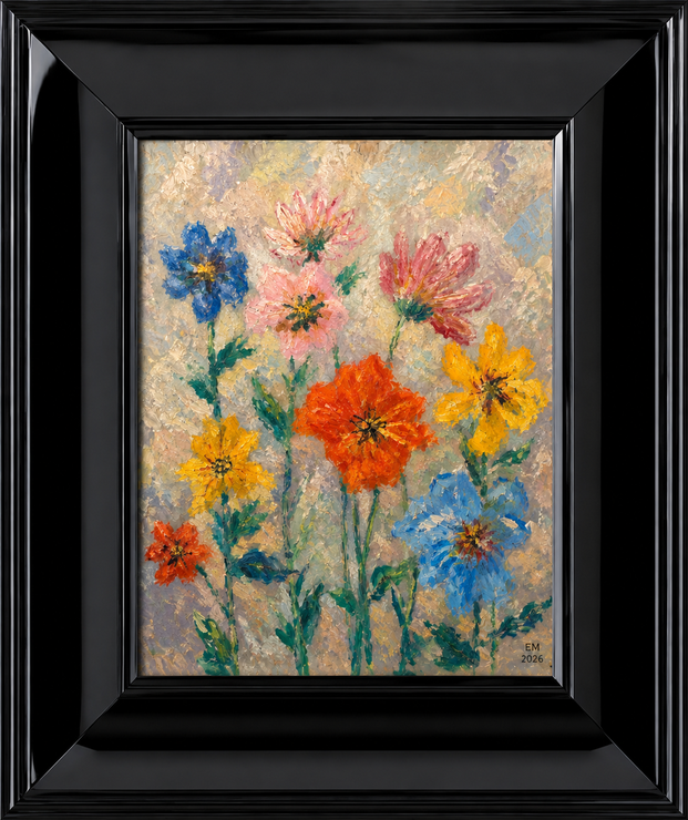 Buntes Blumenbouquet im schwarzen Rahmen