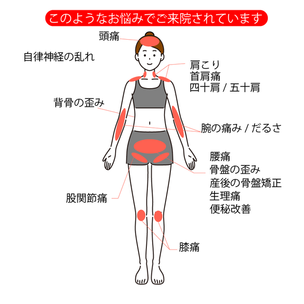 このようなお悩みでご来院されています。  ●腰痛　●肩こり　●首肩痛　●頭痛　●関節痛　●背骨の歪み　●四十肩/五十肩　●股関節痛　●膝痛　  ●腕の痛み/だるさ　●自律神経の乱れ　●姿勢改善　●骨盤の歪み　●産後の骨盤矯正　●生理痛　●便秘改善　など