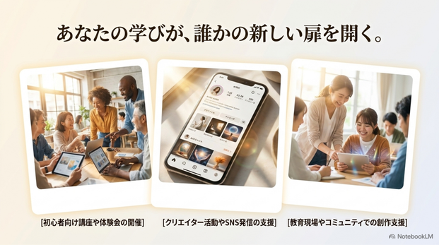 - AIアート初心者向け講座の開催  - 地域イベントでのAIアート体験会  - 親子向けワークショップ  - クリエイター向けのAI画像生成講座  - SNS発信用画像の制作支援  - 教育現場やコミュニティでの創作支援
