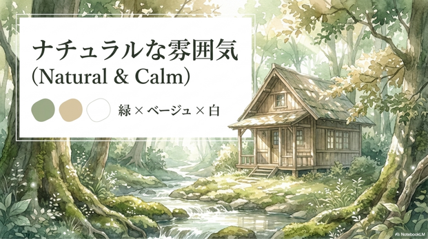 自然で落ち着いた雰囲気にしたいときは、緑やベージュを使います。