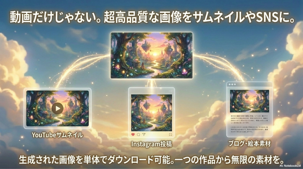 生成画像を単体で保存できること。     これによって、  ・YouTubeサムネイル ・Instagram投稿 ・ブログ画像 ・絵本素材  などにも使えます。   