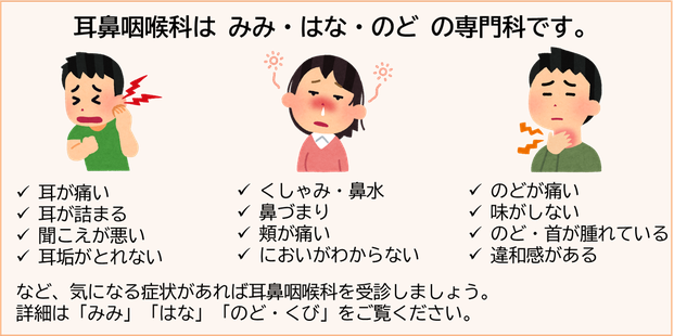 「かとう耳鼻咽喉科症状案内図」　札幌市中央区にあるかとう耳鼻咽喉科では、みみ、はな、のどに関する症状全般を診ています。みみ、はな、のどの気になる症状があれば一度受診しましょう。