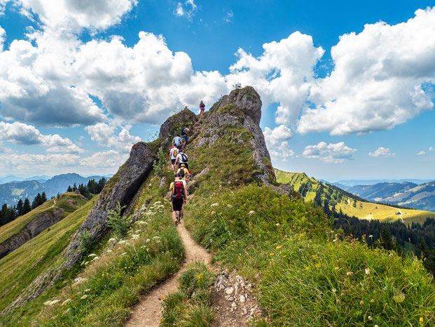 Teilnehmende des Integrationsprojekts Wanderglück wandern auf einem aussichtsreichen Bergweg in Richtung Steineberg durch die Nagelfluhkette im Allgäu.