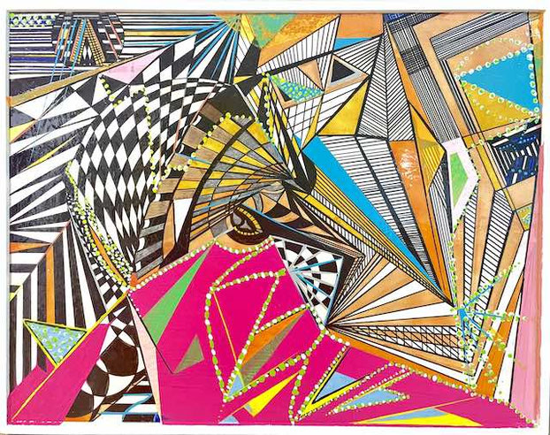 Abstraktes Acryl-Lack-Kunstwerk „Intrinisch – Fragmentierte Existenz“. Andreas Alka alias FLoYd, geometrische Formen, starke Kontraste, intensive Farbflächen in Magenta, Schwarz und Gelb, vielschichtige Linienstrukturen und dynamische Komposition.