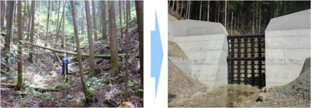 事前現地調査の様子とその後に完成した治山ダムの写真