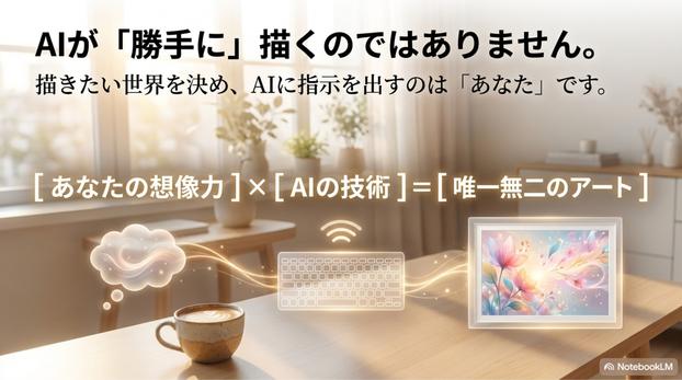 AIアートは、  画像生成AIが大量の画像や言葉の関係を学習し、  入力された文章に合う画像を生成する仕組みで作られます。