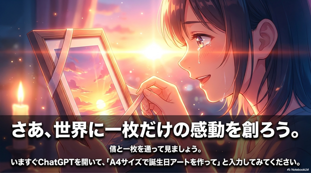 ChatGPTで作ったAIアートは、  お金をかけずに感動を届けられる誕生日プレゼントになります。