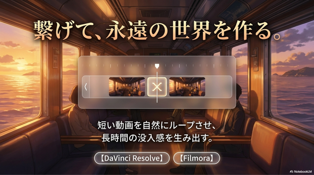 最後に動画を編集します。  初心者なら、  DaVinci Resolve Filmora などが使いやすいです。   特にループ動画を長時間化する場合は、編集で自然につなぐのが重要になります。