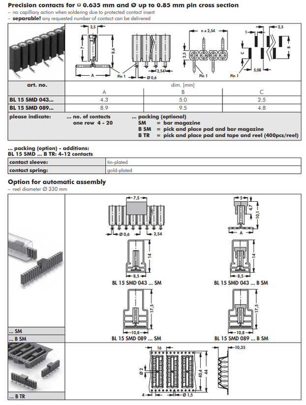 BL15SMD043  BL15SMD089  表面実装用連結ソケット2.54mmピッチ