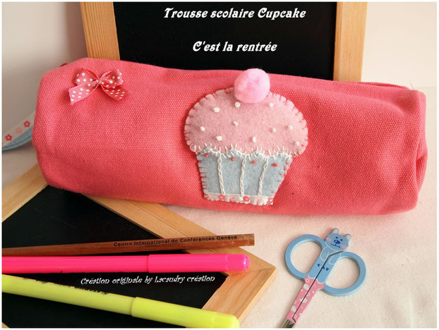 Trousse scolaire en coton rose décor cupcake en feutrine fait main