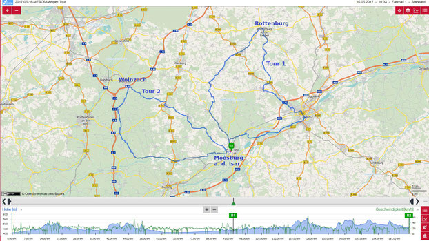 > Route 1 rechts: 93 km, 5 h, 19 km/h, 570 Hm;  > Route 2 links: 75 km, 4 h, 19,1 km/h, 539 Hm