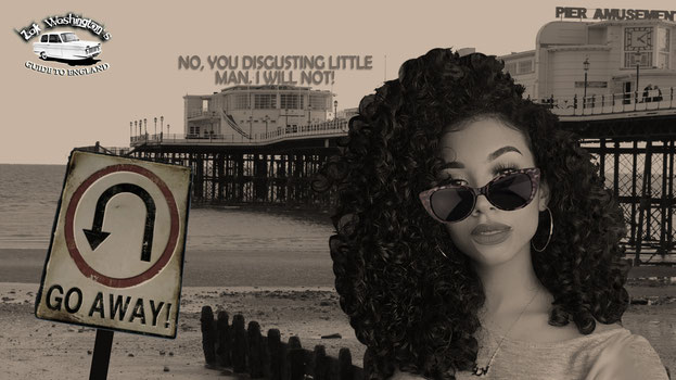 Beautiful Latin girl on the beach in sunglasses with pier (Still from ZakWashington video)
