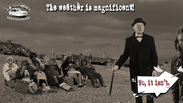 British culture photo. Vintage English gentleman on the beach with a group of people on deckchairs