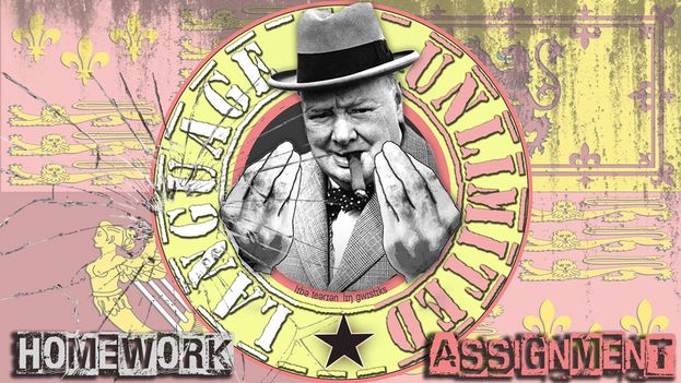 homework assignment graphic with Winston Churchill from ZakWashinton's Guide to English