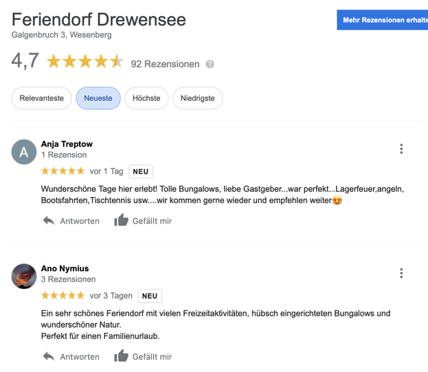 Google Rezension Bewertung bestes Feriendorf Mecklenburg