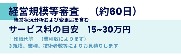 経営規模等審査　（約60日） 　経営状況分析および変更届を含む　サービス料の目安　15~30万円 ＋印紙代等　（業種数によります） ※規模、業種、技術者数等によりお見積りします