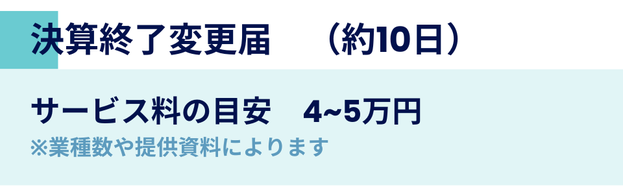 決算終了変更届　（約10日）サービス料の目安　4~5万円 ※業種数や提供資料によります