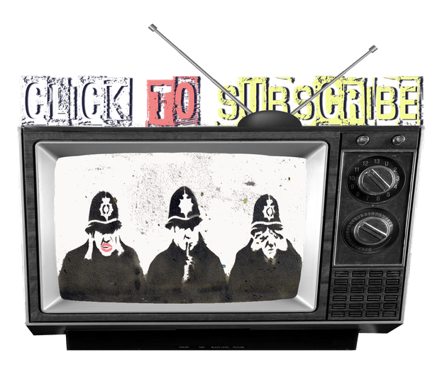 graphic of old vingage tv with policemen which links to youtube subscription