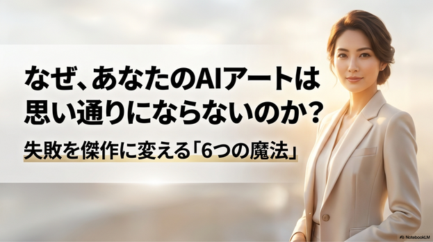 AIアートが思いどおりにならないときは、  プロンプトを一度に全部直すのではなく、  「主役」「背景」「雰囲気」「色」「構図」「画風」  のどこが違うのかを分けて修正すると改善しやすくなります。