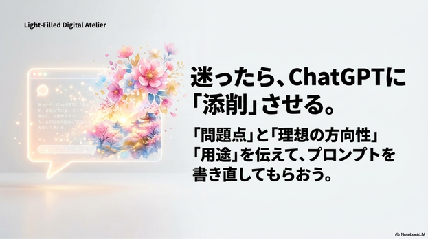 プロンプトの修正に迷ったら、ChatGPTに相談するのもおすすめです。