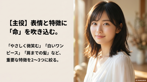 人物、動物、物などの主役がイメージと違う場合は、主役の特徴を具体的にします。