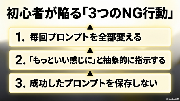 プロンプトを毎回全部変えると、どの言葉が効いたのか分かりにくくなります。  修正するときは、元のプロンプトを残したまま、1つずつ変更しましょう。